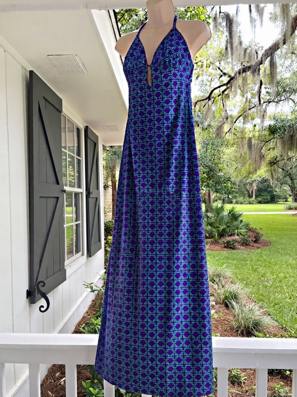Vtg 70s Elisabeth Stewart Geometric Halter Maxi Dress Purple Blue 12 XS/S